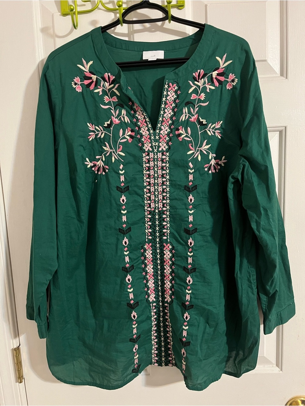 J. Jill Green Embroidered Split neck Tunic with Pink Embroidery Size XL